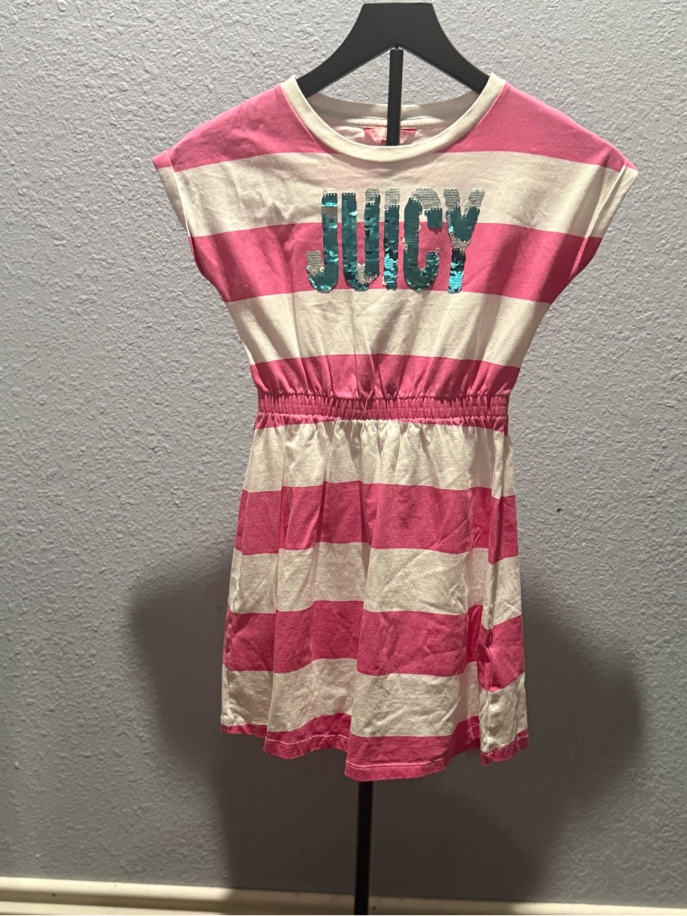 Juicy Couture Pink and White Striped Dress with Sequin Logo Size 7/8